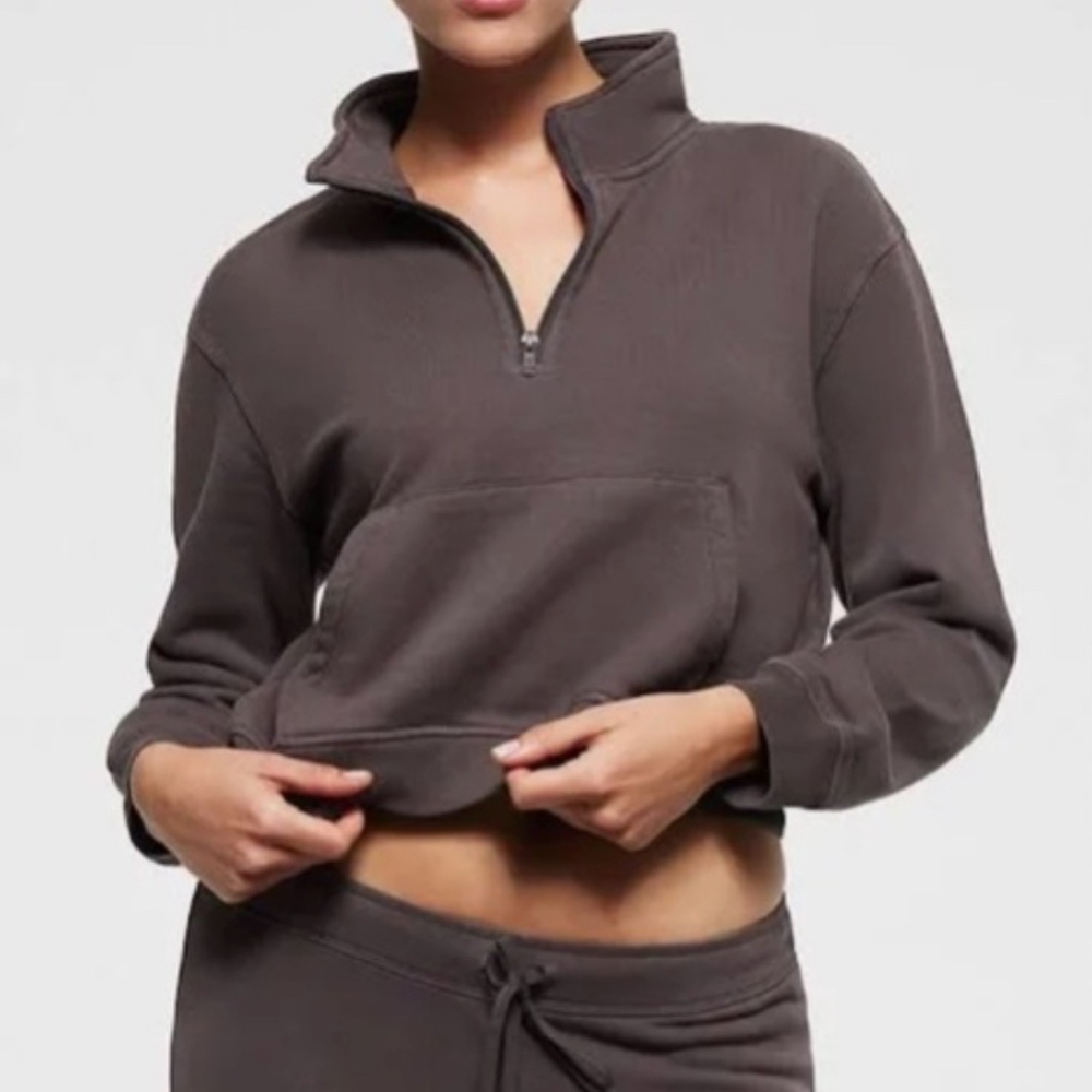 SKIMS CHOCOLATE BROWN FRENCH TERRY HALF ZIP PULLOVER